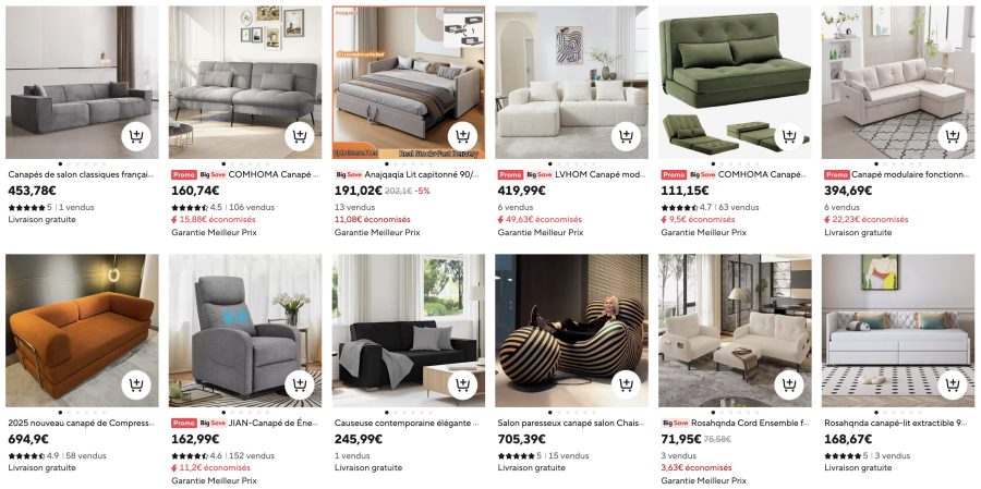 Exemples de canapé sur Aliexpress