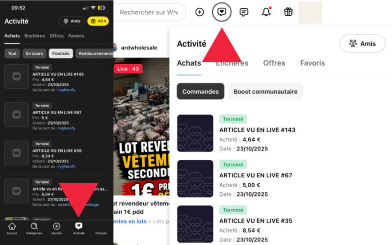 Onglet Activité sur Whatnot
