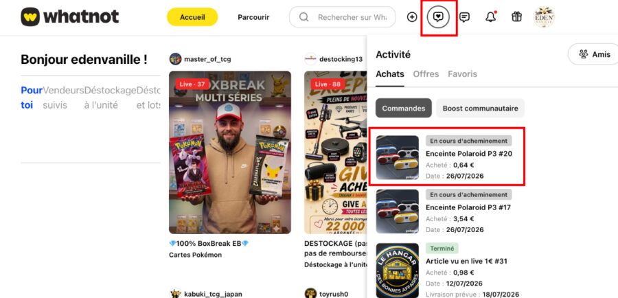 Consulter le suivi d'une commande depuis le site Whatnot